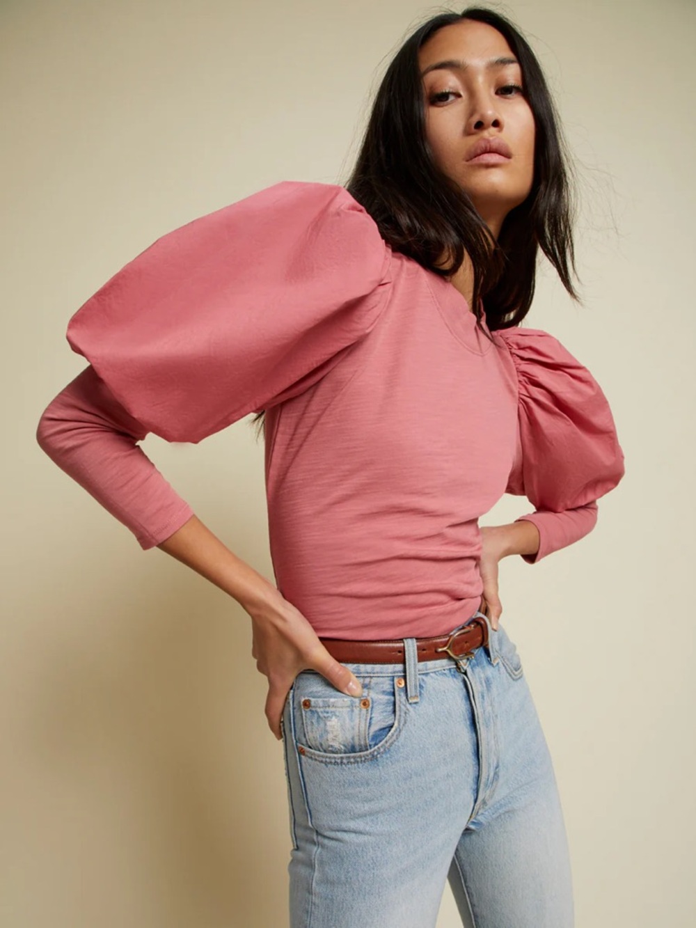 Nation LTD Daniella Combo Party Tee in Geranium Pink Puff Sleeve Top XS